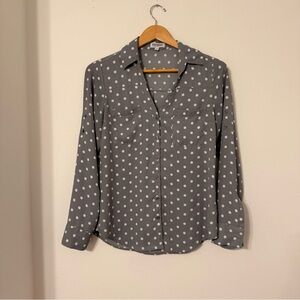 Express Portofino Shirt Small Gray White Polka Dot Button Front Blouse